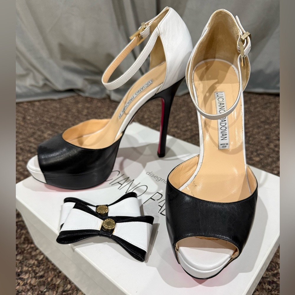 Luciano Padovan Elegant Black and White Peep-Toe Heels